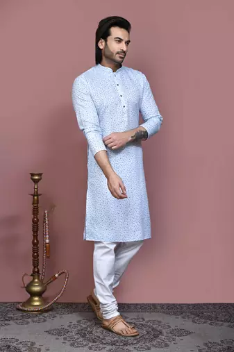 Sky blue printed cotton kurta pajama