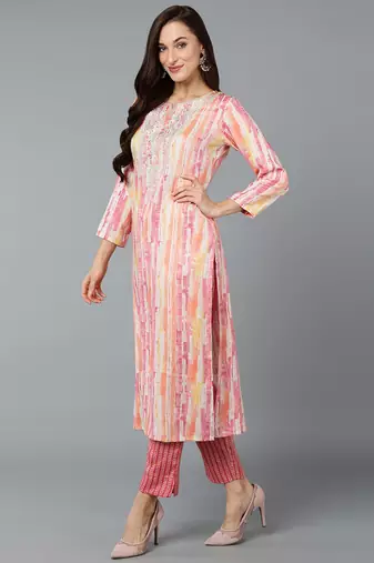 women pink viscose rayon abstract embroidered straight kurta
