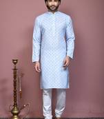 Sky blue printed cotton kurta pajama