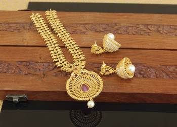 Designer gold plated cz long necklace set 4