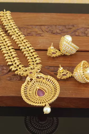Designer gold plated cz long necklace set