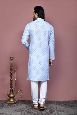 Sky blue printed cotton kurta pajama 3