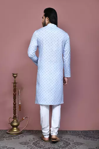 Sky blue printed cotton kurta pajama