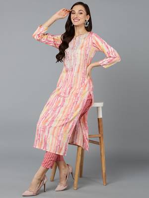 women pink viscose rayon abstract embroidered straight kurta 5