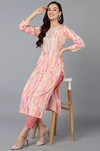 women pink viscose rayon abstract embroidered straight kurta
