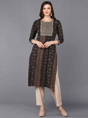 women black viscose rayon bandhani embroidered straight kurta 1