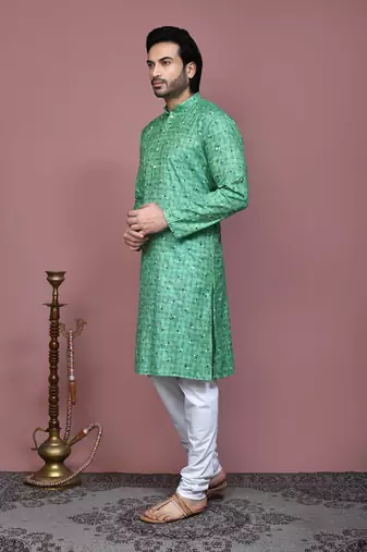 Green printed cotton kurta pajama
