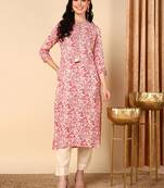 women off white cotton floral printed straight kurta