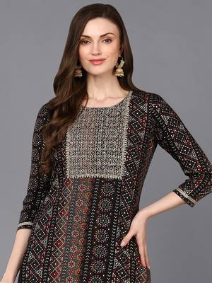 women black viscose rayon bandhani embroidered straight kurta 2