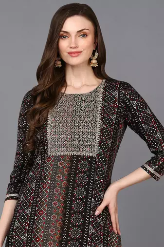 women black viscose rayon bandhani embroidered straight kurta