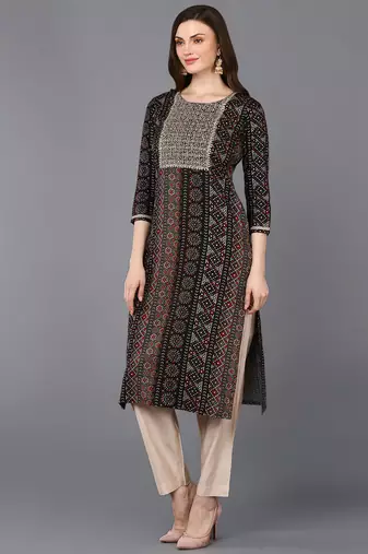 women black viscose rayon bandhani embroidered straight kurta