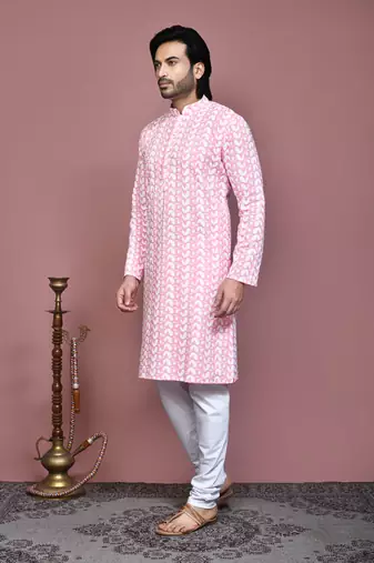 Pink embroidered cotton kurta pajama