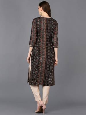 women black viscose rayon bandhani embroidered straight kurta 4