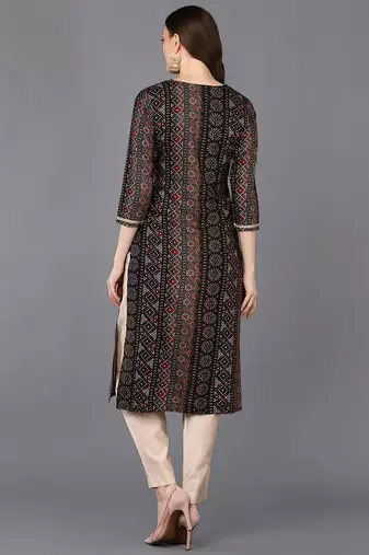 women black viscose rayon bandhani embroidered straight kurta