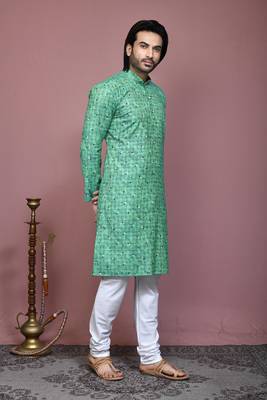 Green printed cotton kurta pajama 4