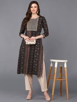 women black viscose rayon bandhani embroidered straight kurta 5