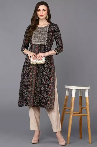women black viscose rayon bandhani embroidered straight kurta