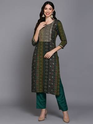 women green viscose rayon bandhani embroidered straight kurta 1