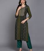 women green viscose rayon bandhani embroidered straight kurta