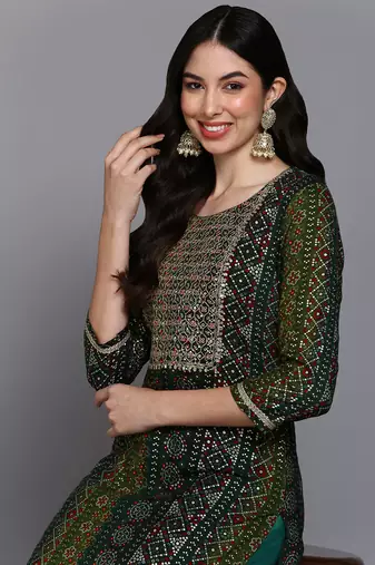 women green viscose rayon bandhani embroidered straight kurta