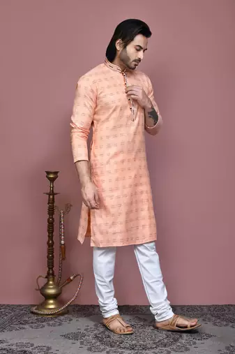Orange printed cotton kurta pajama