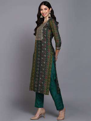 women green viscose rayon bandhani embroidered straight kurta 3