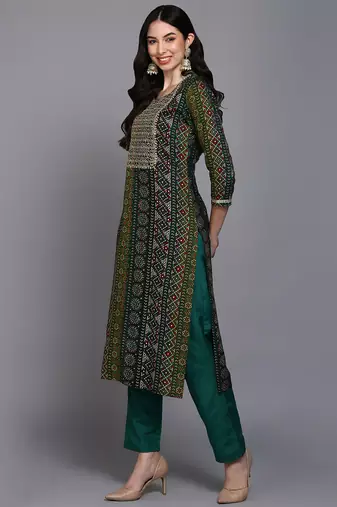 women green viscose rayon bandhani embroidered straight kurta
