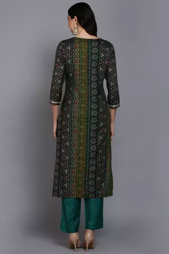 women green viscose rayon bandhani embroidered straight kurta