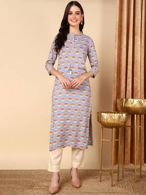 women blue cotton ethnic motifs printed straight kurta 1