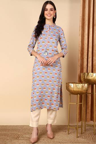 women blue cotton ethnic motifs printed straight kurta