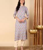 women blue cotton ethnic motifs printed straight kurta