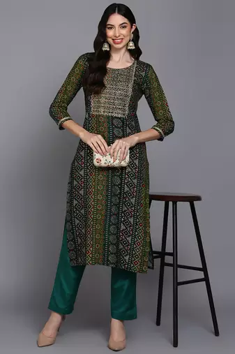 women green viscose rayon bandhani embroidered straight kurta