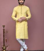 Yellow printed cotton kurta pajama