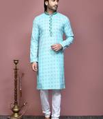 Sky blue printed cotton kurta pajama