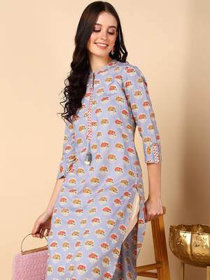 women blue cotton ethnic motifs printed straight kurta 2