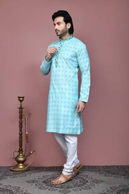 Sky blue printed cotton kurta pajama 2
