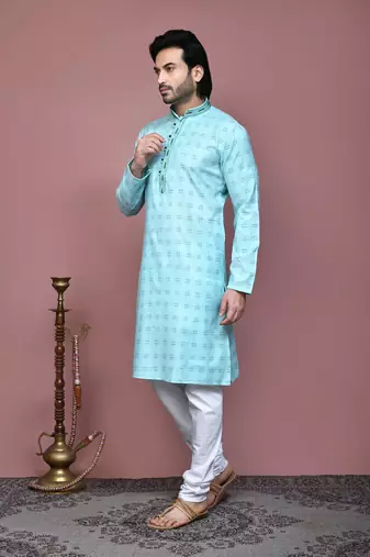 Sky blue printed cotton kurta pajama