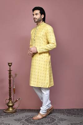 Yellow printed cotton kurta pajama 2