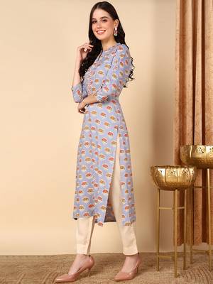 women blue cotton ethnic motifs printed straight kurta 3