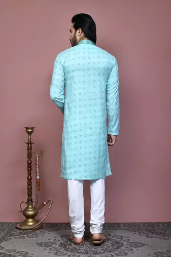 Sky blue printed cotton kurta pajama