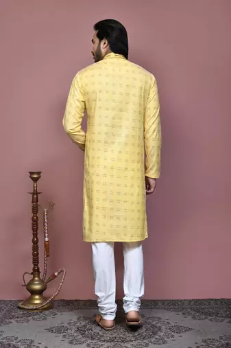 Yellow printed cotton kurta pajama