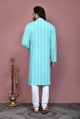 Green embroidered cotton kurta pajama 3