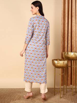 women blue cotton ethnic motifs printed straight kurta 4