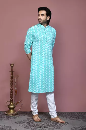 Green embroidered cotton kurta pajama