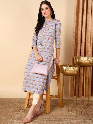 women blue cotton ethnic motifs printed straight kurta 5