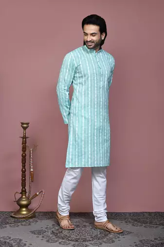 Green printed cotton kurta pajama