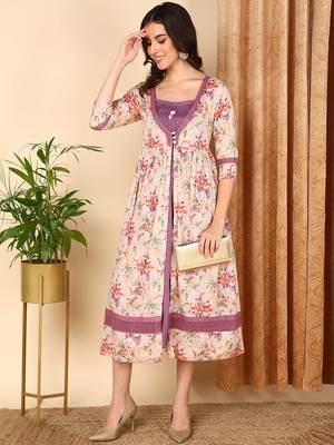 women off white cotton floral printed a-line kurta with shrug 1