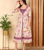 women off white cotton floral printed a-line kurta with shrug