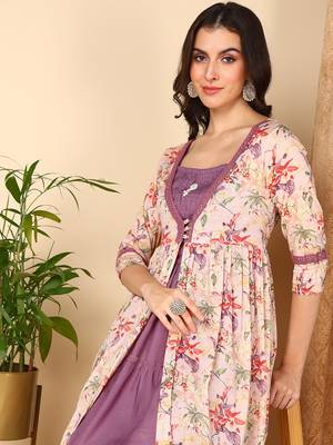 women off white cotton floral printed a-line kurta with shrug 2