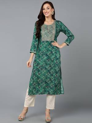 women green viscose rayon bandhani embroidered straight kurta 1